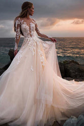 Ivory Tulle Lace Long Sleeves Beach Wedding Dresses With Illusion Neck